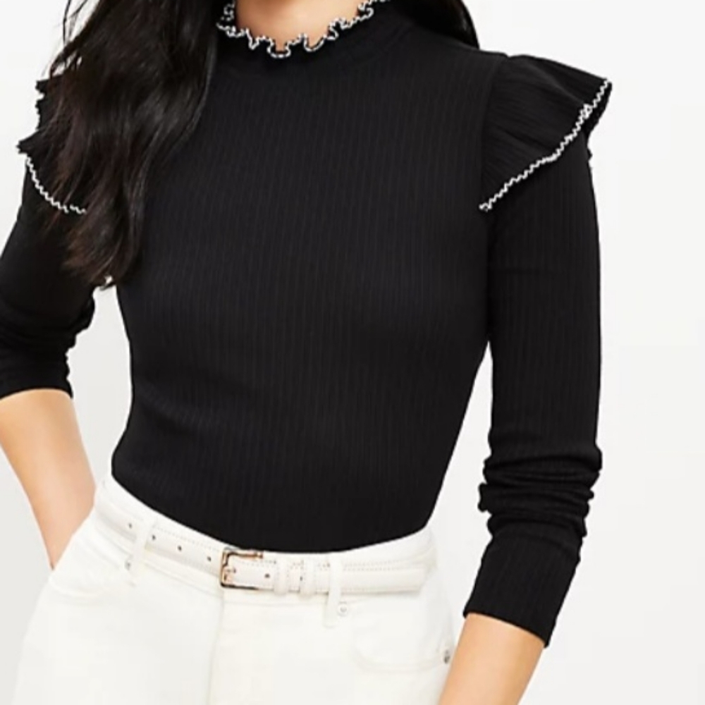 Pointelle ribbed ruffle neck top